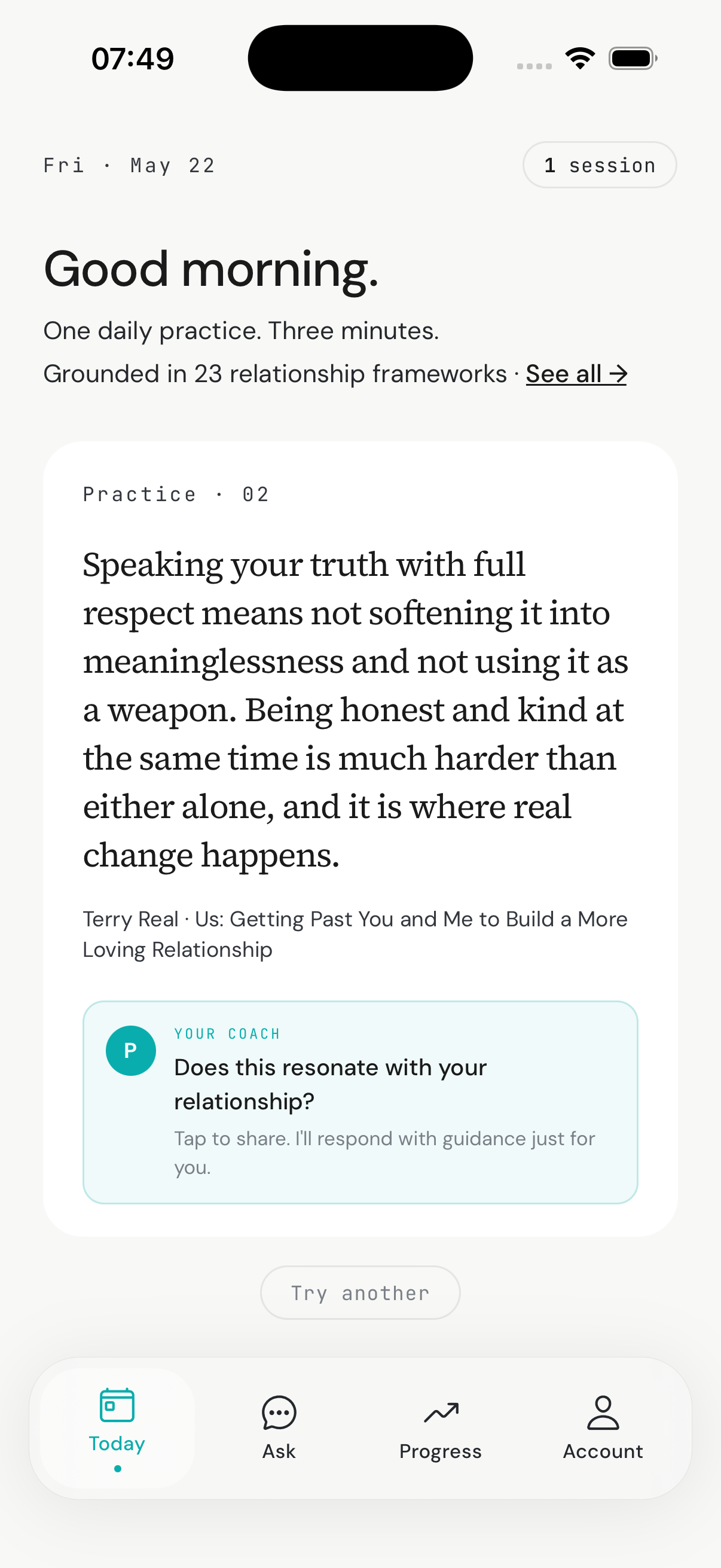 PartnerWise app showing today's relationship practice